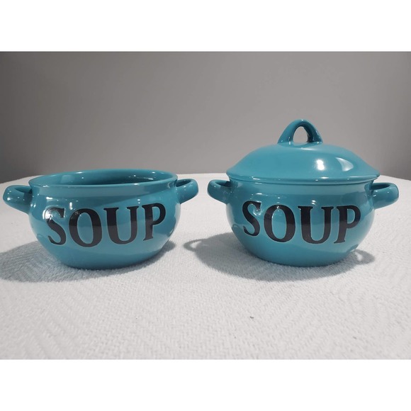 Mainstays Other - Lot (2) Mainstays Double Handle Soup Bowls with (1) Lid Aqua Ceramic